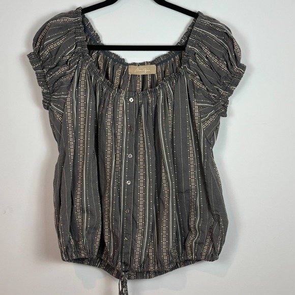 Tops - Max Azria Womens Puff Sleeve Button Front Grey Brown Peasant Top 100% Cotton Med
